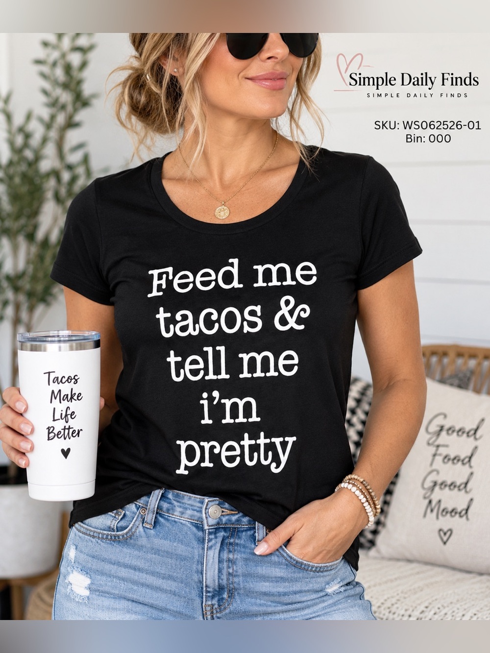 Funny Taco Graphic Tee Womens M Black Feed Me Tacos Casual Novelty Shirt